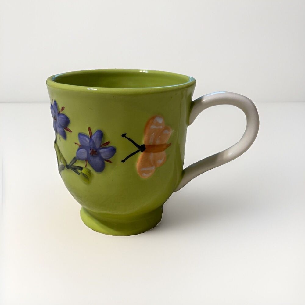 Anthropologie Faye Coffee Mug Green Flowers & Butterfly Excellent Condition